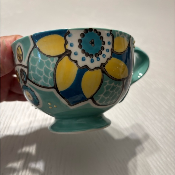 Anthropologie Elka Ayaka Aqua Floral Twisted Handle Footed Mug Pedestal Cup - Picture 10 of 10